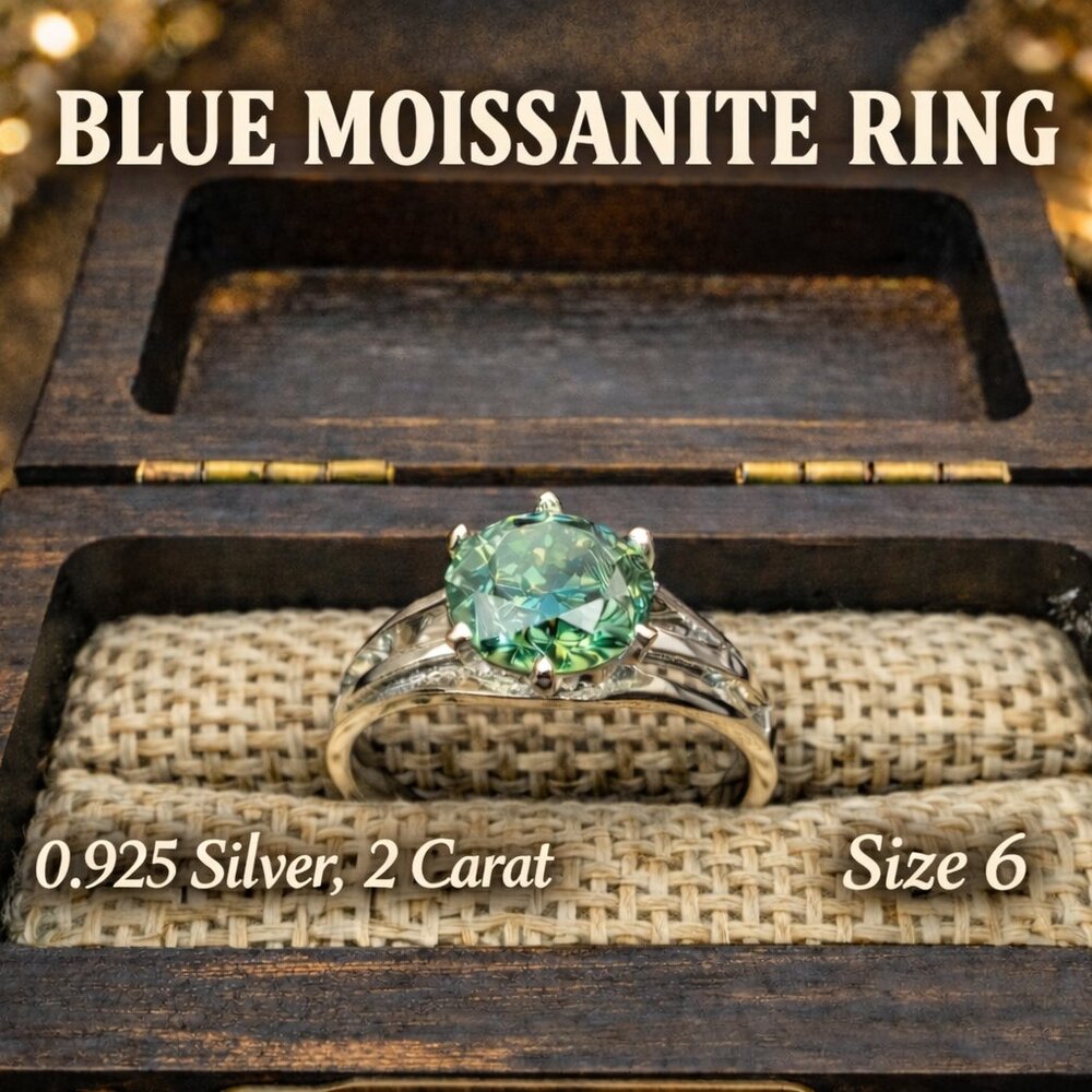 2ct Blue Moissanite Ring | Round Cut | Sterling Silver | Size 6 Statement Ring